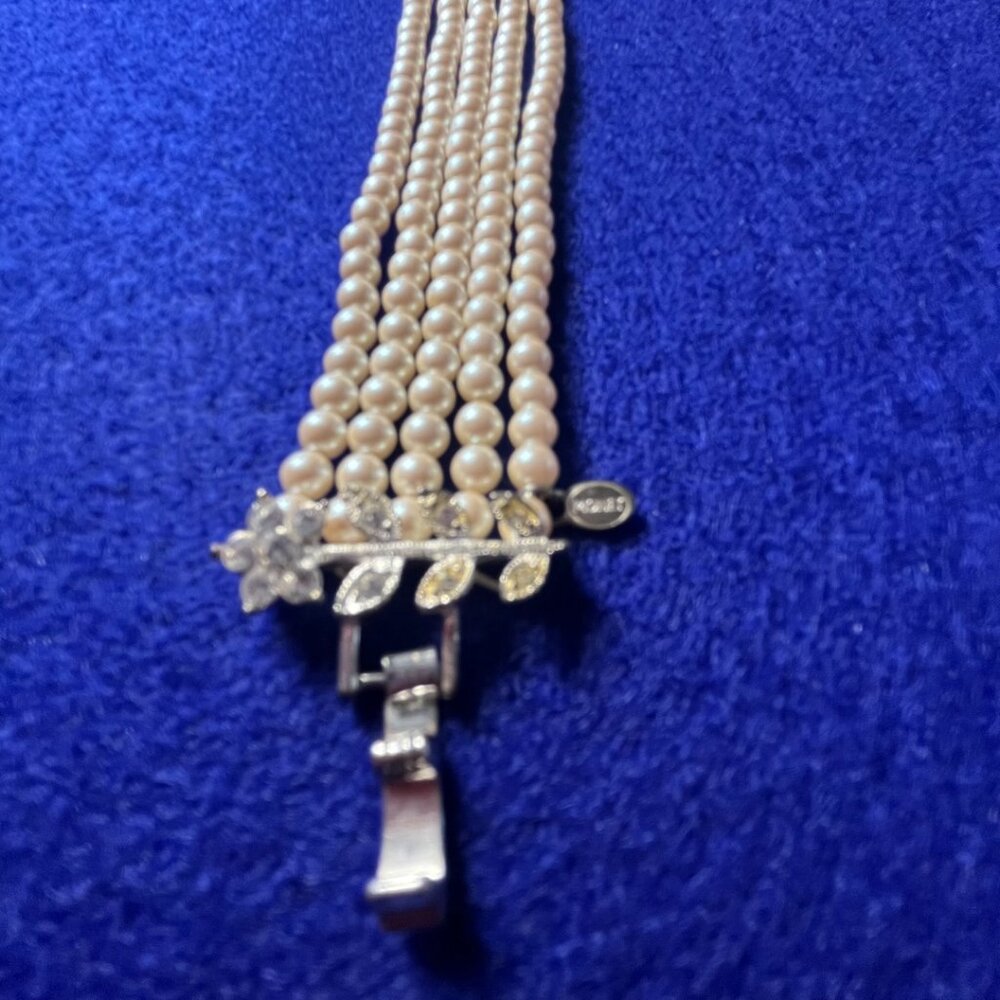 Vintage Faux Pearl Multistrand Bracelet | Cubic Zirconia Floral Clasp | Timeless - Picture 3 of 8